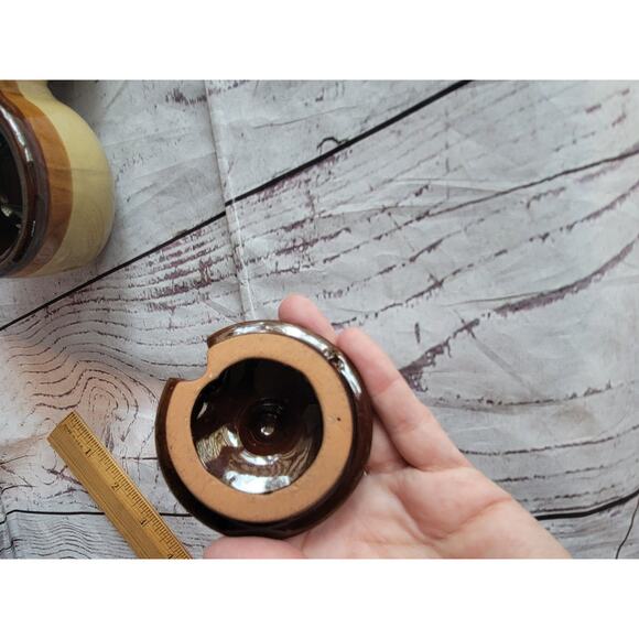 Vintage Brown Glazed Stoneware Double Condiment Dish with Lids - Picture 6 of 9